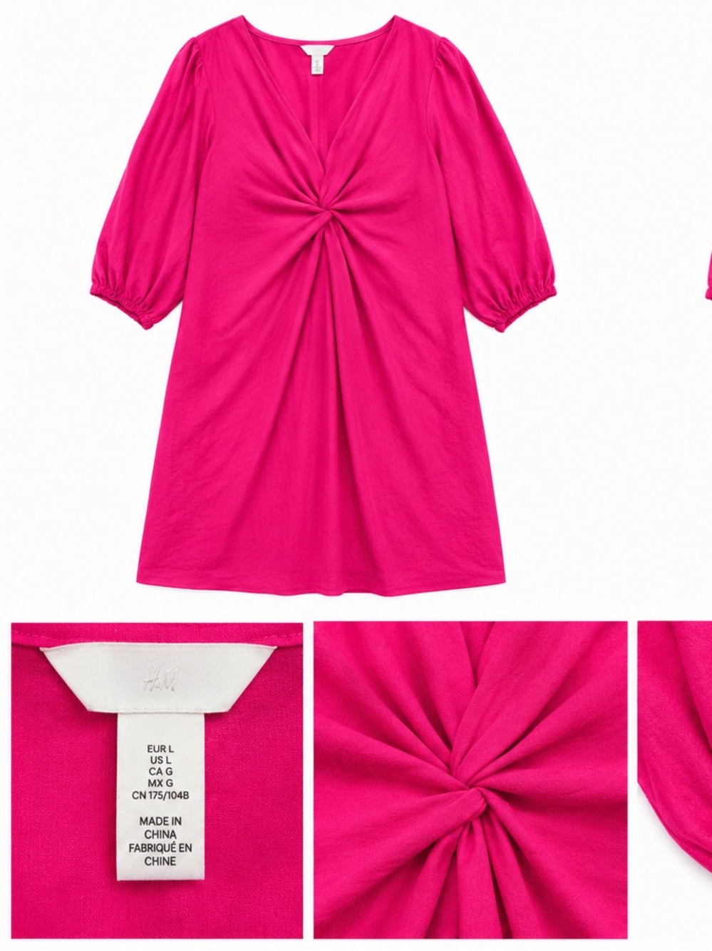 H&M Hot Pink V-Neck Puff Sleeve Mini Dress Size Large